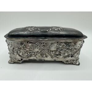 Antique Silver Plated Jewelry Box Baroque Repoussé Red Velvet Lined Vintage RARE